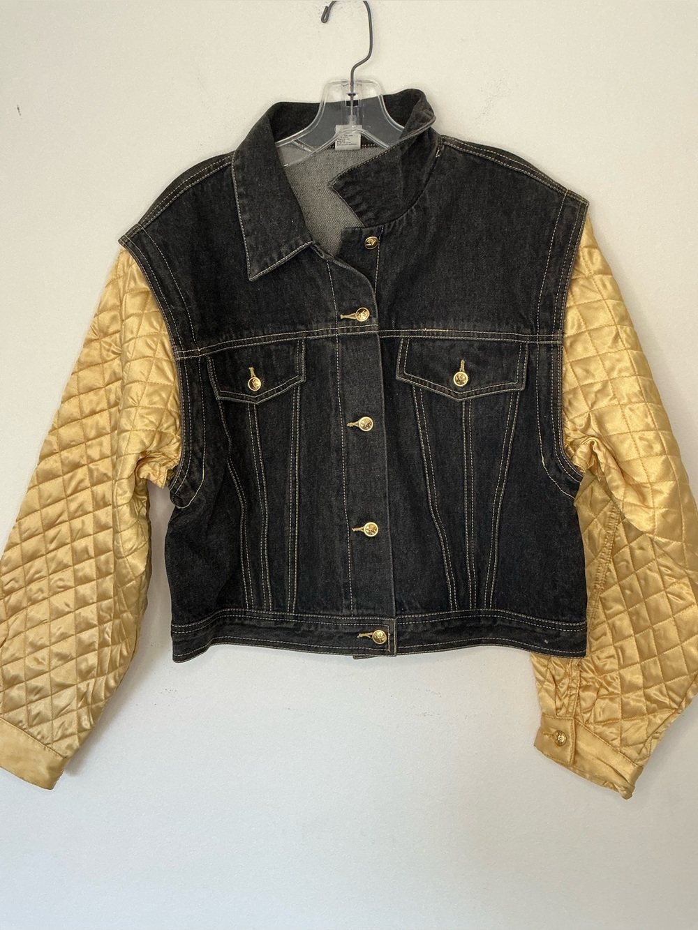 Source Unknown Black Denim Jacket with Gold Quilted Sleeves